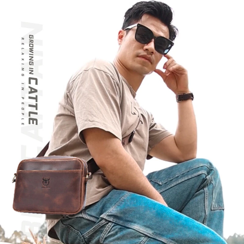 (image for) BULLCAPTAIN Men's Genuine Leather Shoulder Bag Retro Large Capacity Travel Bag Crazy Horse Leather Crossbody Bag Messenger Bag